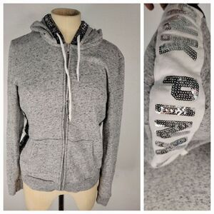 Victorias Secret Pink Sweater Womens Small Bling Sequin Zip Up Hoodie Gray